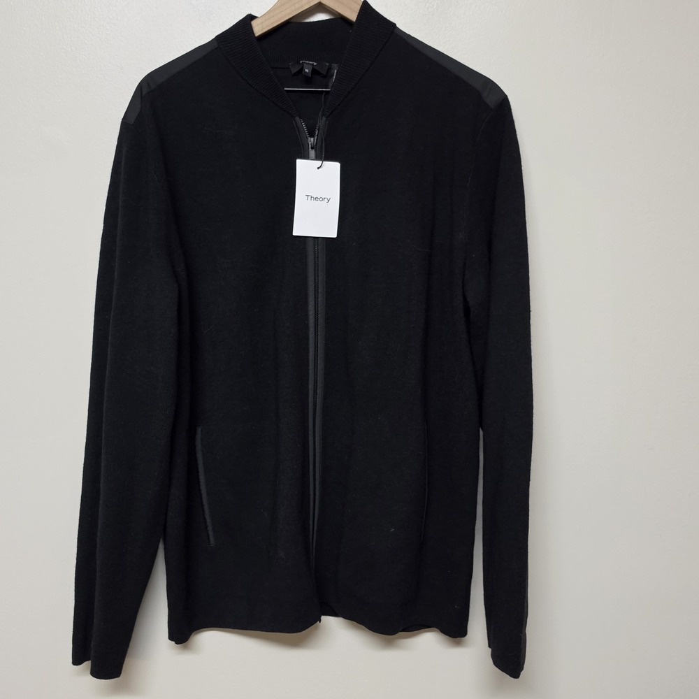 THEORY Thaad O Black Soft Luster‎ Merino Wool LS Full Zip Cardigan Size XL $398